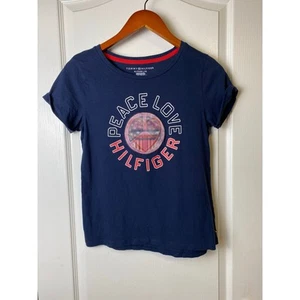 Tommy Hilfiger Girls Blue Holographic Peace & Love Short Sleeve T-shirt Size 16 - Picture 1 of 6