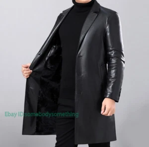 Men's Business Real Leather Trench Coat Long Jacket Winter Thick Blazer New - Picture 1 of 8
