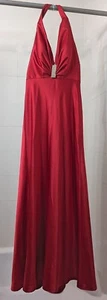 JS Collections Red Satin Rhinestone Brooch Halter Gown Prom Dress Size 8 - Picture 1 of 12
