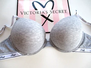 VICTORIA'S SECRET PINK Super Push-Up Bra VS Heather Gray Cotton Logo - All Sizes - Picture 1 of 6