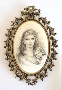 Giuseppe Tarantino Satin Portrait Mother & Child Metal Framed Oval Cameo 1976 - Picture 1 of 8