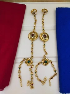 Indian Jewelry Hath Punja Bollywood Ethnic Gold Plated Bracelet With Rings - Picture 1 of 3