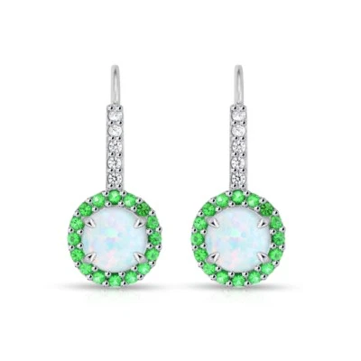 Round Halo Simulated Opal & Emerald Leverback Earrings in Sterling Silver - Image 1 of 3