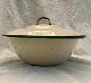 Vintage Cream With Green Rim Enamelware Large Bowl With Lid - Picture 1 of 8