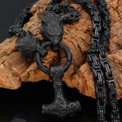 Men's Stainless Steel Nordic Viking Wolf &Thor Hammer Mjolnir Pendant Necklace - Image 1 of 4