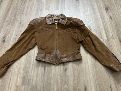 Vintage Winlit Brown Suede Paisley Leather Patchwork Zip Up Moto Jacket Size S - Image 1 of 4