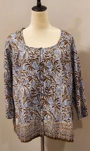 Columbia Sportswear Blue/Brown Palm Print Button Front Blouse Drawstring Size 2X - Picture 1 of 9