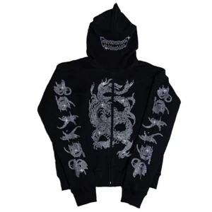 New Men Women Diamond Dragon Rhinestones Gothic Fashion Black Hoodie Zip Jacket - Picture 1 of 9