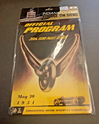 Tin Sign 8-1/4" x 11-1/2" Indianapolis 35th 500 Mile Race 1951 Program MIB - Image 1 of 2