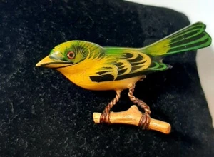 Vintage Takahashi Warbler Bird Handmade & Painted Wood Lapel Pin Brooch - Picture 1 of 4