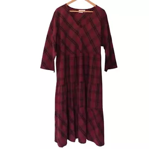 NEW Womens Dress Cotton Muumuu Plaid Burgundy Green 3/4 Sleeves Size 2X Tiered - Picture 1 of 6