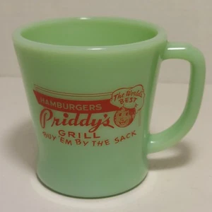Fire-King Ware Jadeit Werbung Kaffeebecher Vintage EUC Priddy's Grill Hamurgers - Bild 1 von 13