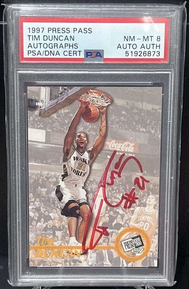 TIM DUNCAN 1997 PRESS PASS Autographs RED INK On-Card RC Rookie PSA 8 -Auth Auto - Image 1 of 2