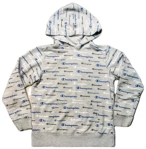 Champion Youth Hoodie Medium Gray All Over Logo Print Pullover Sweatshirt - Picture 1 of 9