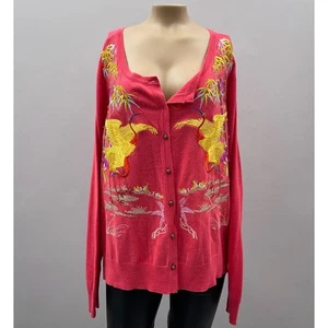 Soft Surroundings Cardigan Sweater Women L Pink Embroidered Crane Button READ - Picture 1 of 11
