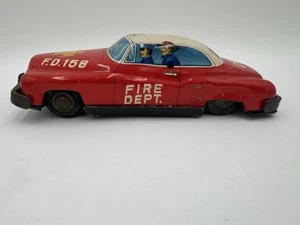Vintage Tin Litho Fire Chief Car F.D.158 Japan Red Wind-Up Non-Working READ - Picture 1 of 15