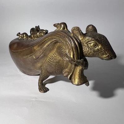 Vintage Chinese Bronze Rat Statue Mouse Family Zodiac Feng Shui Home Decor 1180g - Image 1 of 4