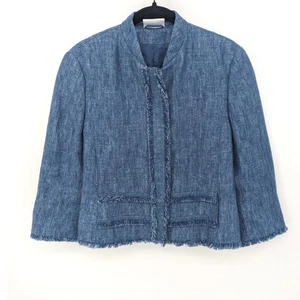 Blazer Akris Punto Mujer 6 Azul Lino Cremallera Flecos Chaqueta Corta Oficina Madura - Imagen 1 de 10