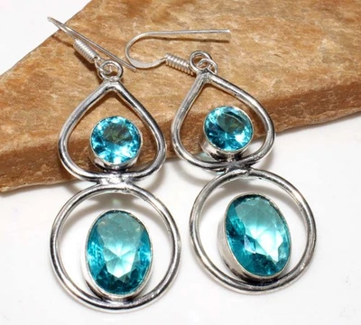 Pendientes hechos a mano de topacio azul enchapados en plata 925 2,4" regalos de San Valentín GW Foto 1 de 3