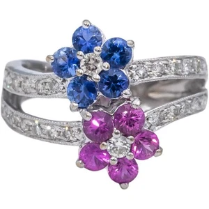 18k White Gold Diamond Pink & Blue Sapphire Flower Ring 1.45CT Size 5 - Picture 1 of 5