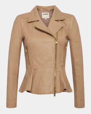 Chaqueta de motociclista de cuero peplum lírico L'agence nueva con etiquetas en capuchino talla L #SJ1965 Foto 1 de 4