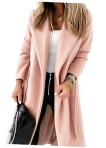 Womens Classic Coat Lapel Collar Open Front Belted Long Jacket Medium Pink - Picture 1 of 7