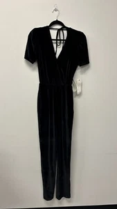Happy x Nature Velvet Jumpsuit Women's XS Black Stretch Surplice Neck Pleated - Picture 1 of 17