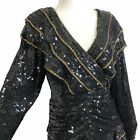 Vintage Fantasy Lisa Kane Sequin Silk Dress S Black Gold Beaded A-Line Hi-Low