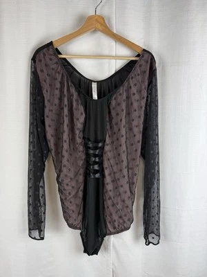 Cacique 26/28 Sheet Polka Dot Long Sleeve Black Bodysuit Mesh Sheer Lingerie - Image 1 of 4