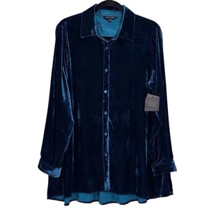 John Mark Velvet Button Shirt Deep Sea Blue Green Women’s Large Top Holiday NWT - Picture 1 of 13