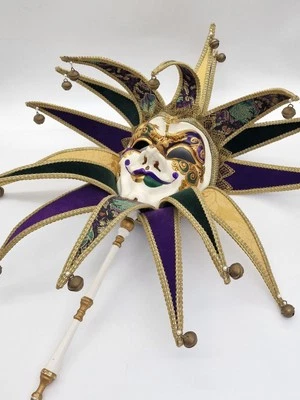 Vintage Venetian Joker Jester Full Size Mask Handmade Paper Mache with Handle - Image 1 of 4