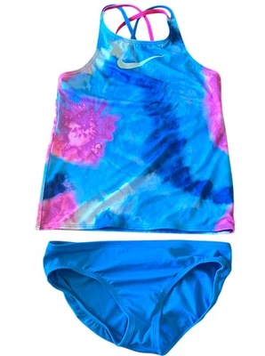 🌊 Traje de baño Tankini Nike Girls grande 14-16 Tie Dye Spiderback 2 piezas azul púrpura Foto 1 de 4