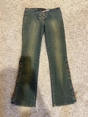 Y2k Mudd Yo! Dark Wash Low Rise Lace-up Tie-Up Flare Stretch Denim Jeans Sz 11 - Image 1 of 4
