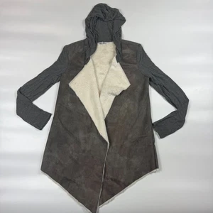 Naked Zebra Hood Jacket Womens Small Gray Suede Faux Shearling Open Draped Front - Picture 1 of 9