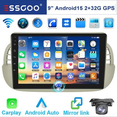 9" For Fiat 500 2007-2015 Apple Carplay Android 15 Car Stereo Radio GPS Nav WIFI - Image 1 of 4