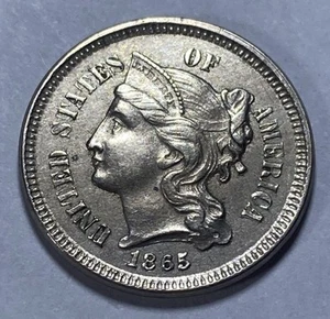 1865 - US Three Cent Nickel 3c - AU/BU Exact Coin Imaged #3C78 - Picture 1 of 2