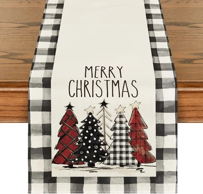 Artoid Mode Waterclor Buffalo Plaid Christmas Trees Merry Xmas Table Runner, Sea - Image 1 of 4