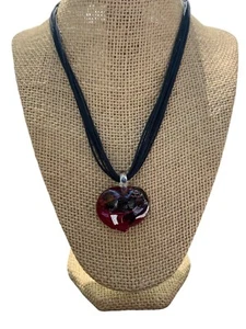 Red Glass Heart Pendant Necklace Multi-Strand Black Cord & Silver Lobster Clasp - Picture 1 of 4