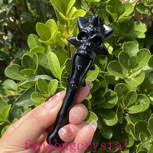 4" Natural Obsidian Carved Magic wand skull Hallowmas Quartz Crystal Skull Gem - Picture 1 of 3