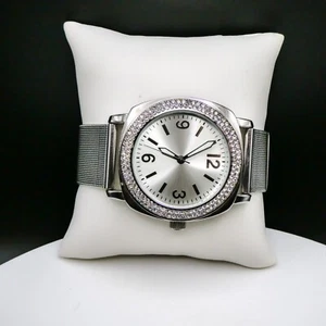 Adrienne Vittadini Silver Tone Dial Bling Bezel Mesh Band Analog Watch Stainless - Picture 1 of 8