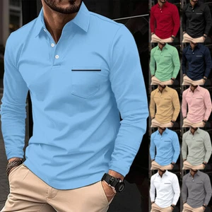 Mens Polo Shirts Long Sleeve Regular Fit Casual Work Golf Designer T Shirts Tops - Picture 1 of 19