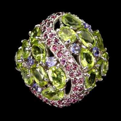 925 Sterling Silver Ring Oval Peridot Rhodolite Tanzanite Gemstone jewelry 8.5 - Image 1 of 4