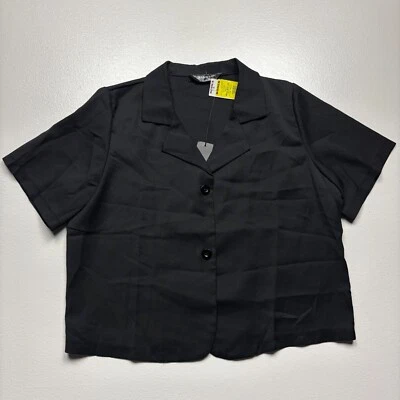 Camisa recortada Allegra K para mujer mediana negra manga corta muesca solapa abotonada Foto 1 de 4