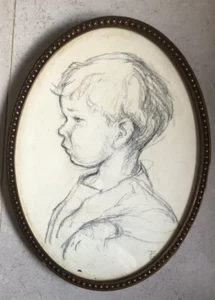 Antique Drawing Young Boy Child Portrait Charcoal Oval Frame, Monogrammed TG - Picture 1 of 11
