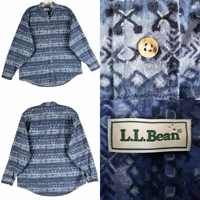 LL Bean Shirt Mens Flannel LS Button Down Large L Vintage Blue Geometric Aztec - Image 1 of 4
