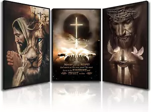 3Pcs Jesus Wall Art Jesus Lion Posters Pictures Christian Paintings Cross Bible - Picture 1 of 12