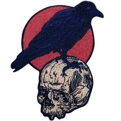 Embroidered Iron Sew On clothing Design Patch Jeans Applique Raven On the Skull - Image 1 of 4