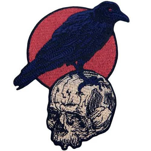 Embroidered Iron Sew On clothing Design Patch Jeans Applique Raven On the Skull - Image 1 of 4