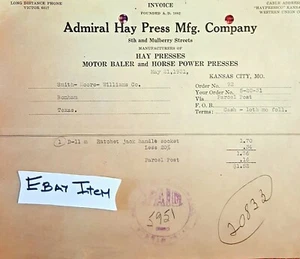 1931 Kansas City MO.ADMIRAL HAY PRESS MANF. CO. Billhead Hay press Motor bailer - Picture 1 of 1