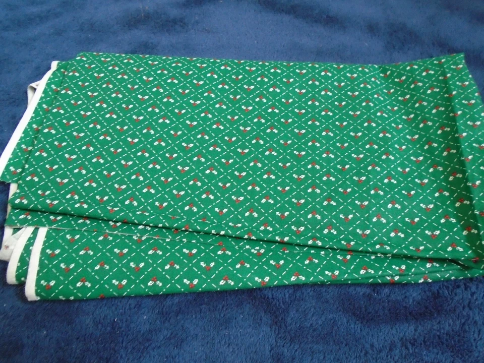 Green & White Plaid Cotton Fabric w/Holly, 44" x 22", New - Image 1 of 1